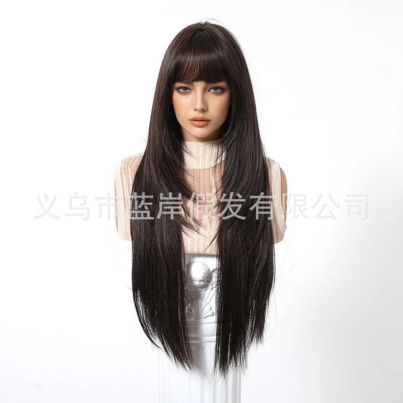 New wig for women, pure desire style with air bangs, 30-inch black-brown layered long straight hair, full head cover