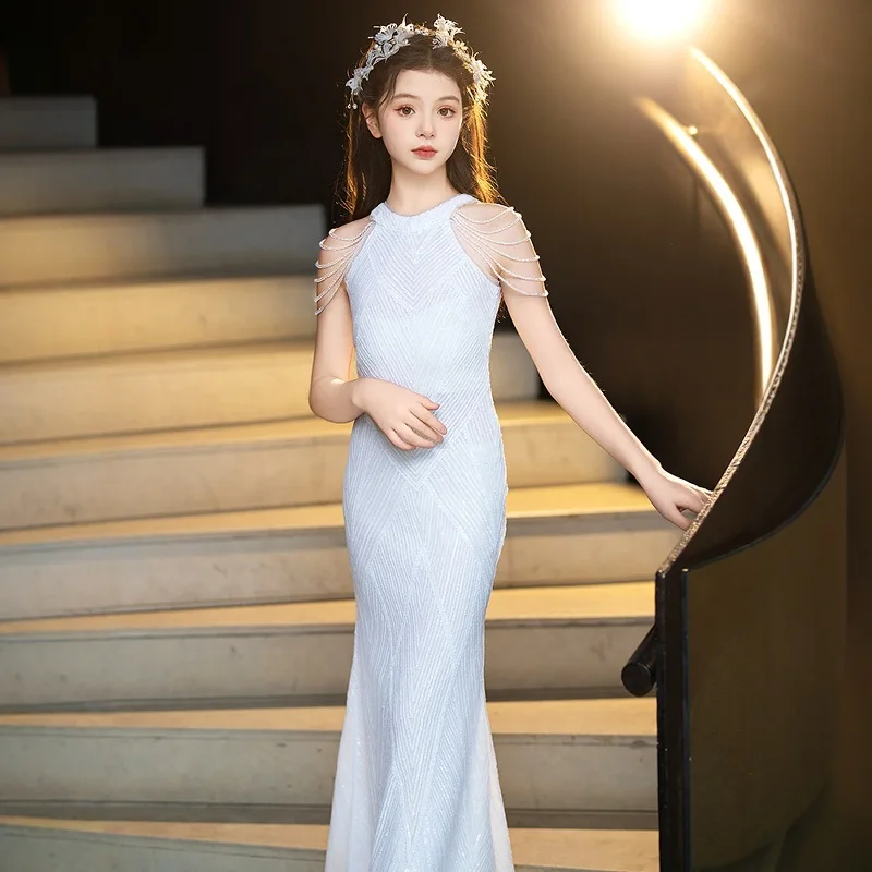 

Girls Dresses New Flower Girl Dress Off-the-shoulder Prom Gowns White Sleeveless Fishtail Gown Long Beauty Pageant Customized
