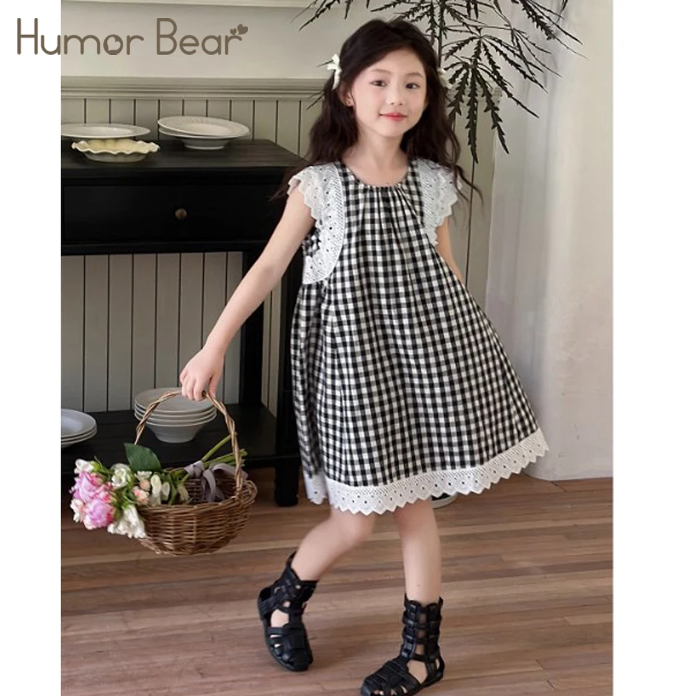 Humor Bear Summer Girl's Dress Plaid Print Lace Fly Sleeve Lace Sweet And Lovely Princess Dress Comfort Children Clothing