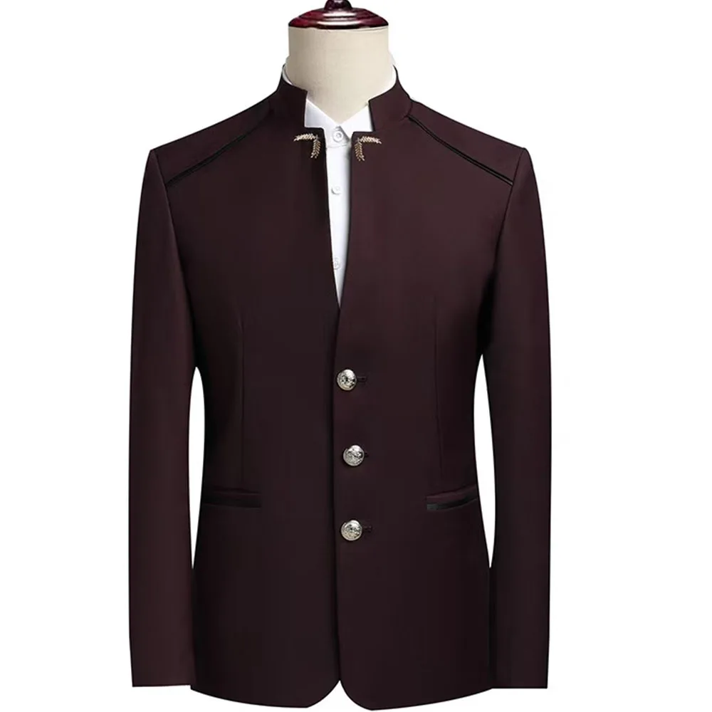 2025 Men's Slim Fit 2 Piece Suit Solid Standing Collar Single Button Suit Jacket Pants Set Tuxedo for Prom