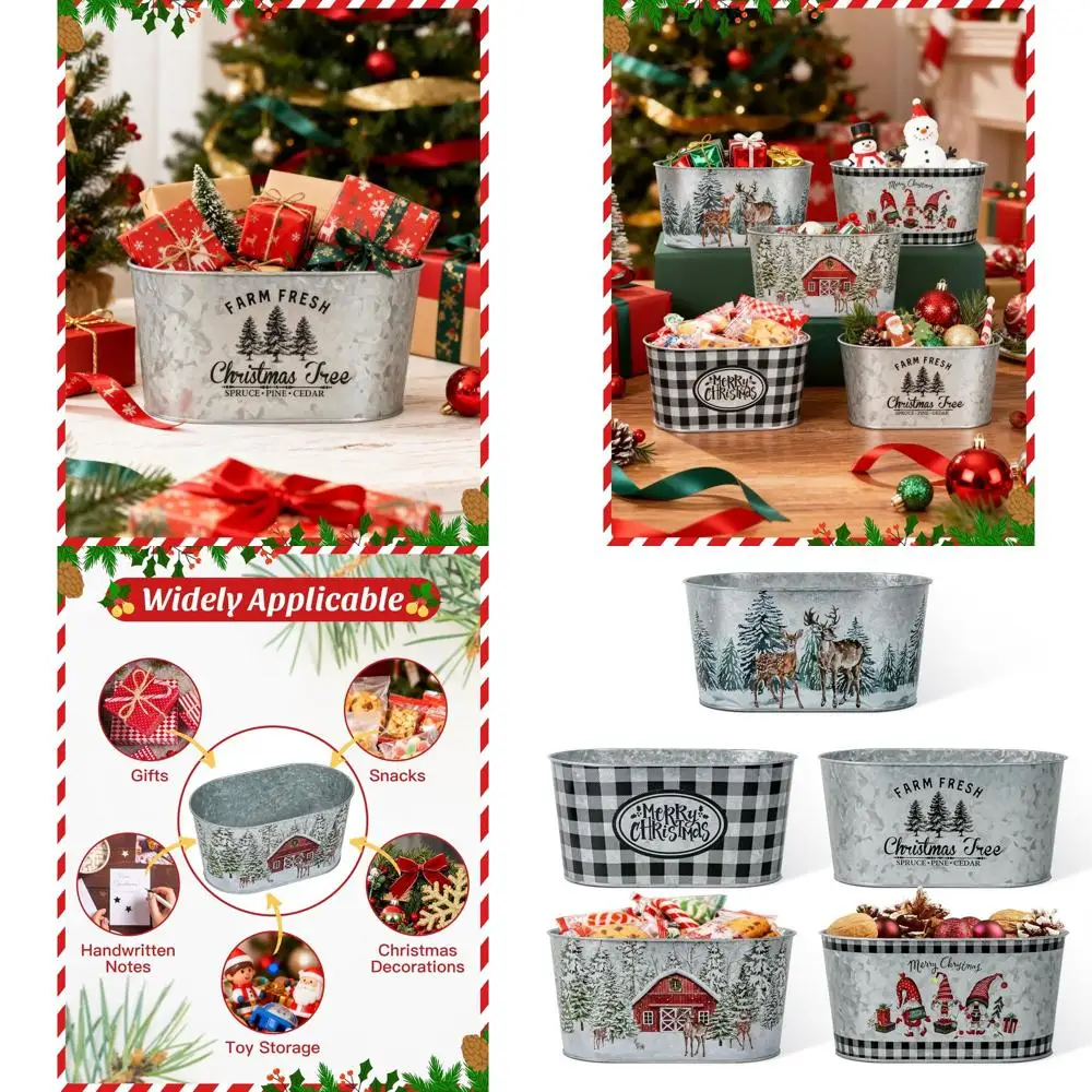 

Set of 5 Oval Galvanized Metal Party Buckets for Christmas Gifts, Holiday Storage, and Table Decoration