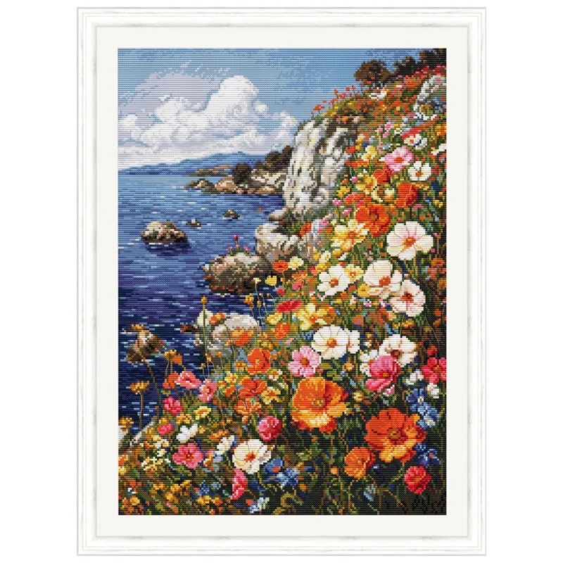 11CT 14CT Seaside Flowers Embroidery DIY Printed Kits Cross Stitch Thread Needlework Sets Home Decor Crafts 56 Colors