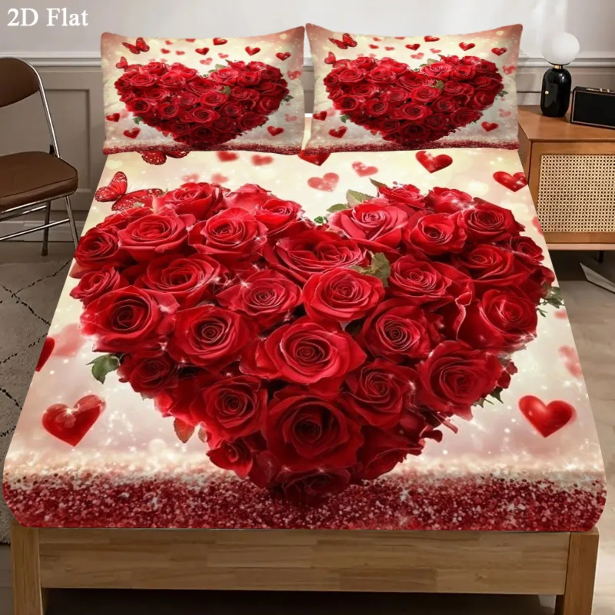 3-Piece Set of Rose Heart-Shaped Mattress Protectors, Printed Fitted Sheet, Mattress Protector, Breathable Polyester Material (Includes 1 Fitted Sheet + 2 Pillowcases), Fitted Sheet Style, Elastic Protector, Mattress Protector, Fitted Sheet Style Bedding, Christmas-Themed Bedding, Baby Bedding, Suitable for Nursery