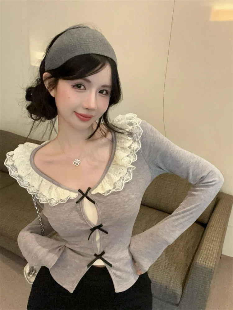 

Fashion Slim T Shirts Lace Patchwork Long Sleeve Bow Female Spring Autumn Tees 2025 New Crop Tops Sweet Design Women's Clothing