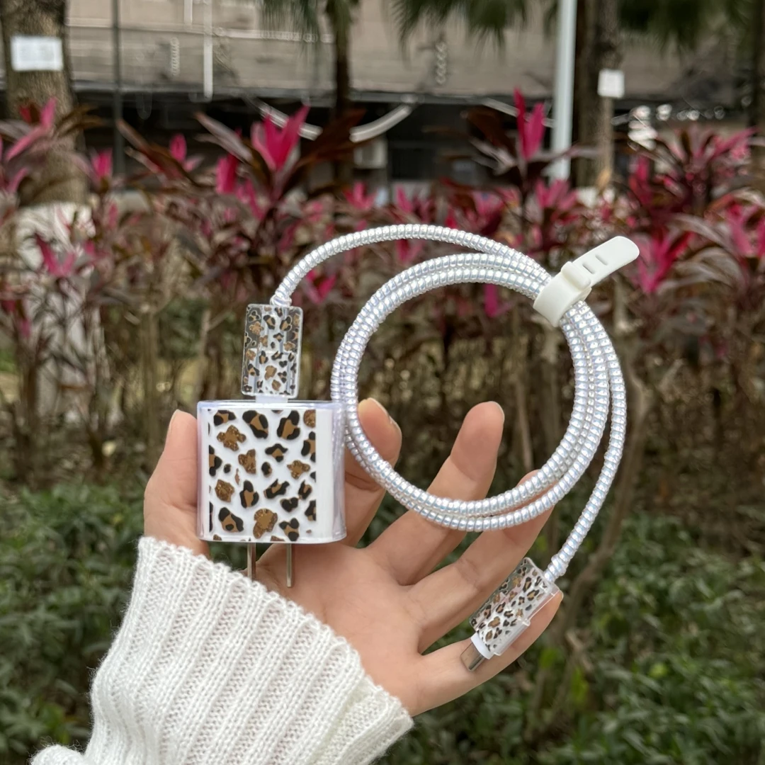 5pcs Leopard Design TPU Wall Charger Protective Cover For Apple Mobile Phone 20W Fast Charging Data Cable