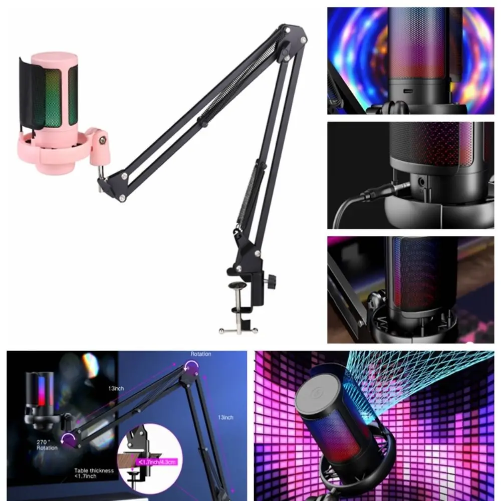 

RGB Light USB Microphone with Arm Stand Articulated Condenser Condenser RGB Mic with Boom Arm Metal Colorful