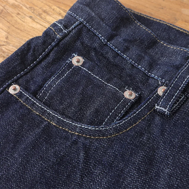 جينز Amekaji 100% قطن للرجال باللون الأحمر والأبيض من قماش الدنيم - سروال مستقيم خام أمريكي عتيق ثقيل الوزن مغسول #3