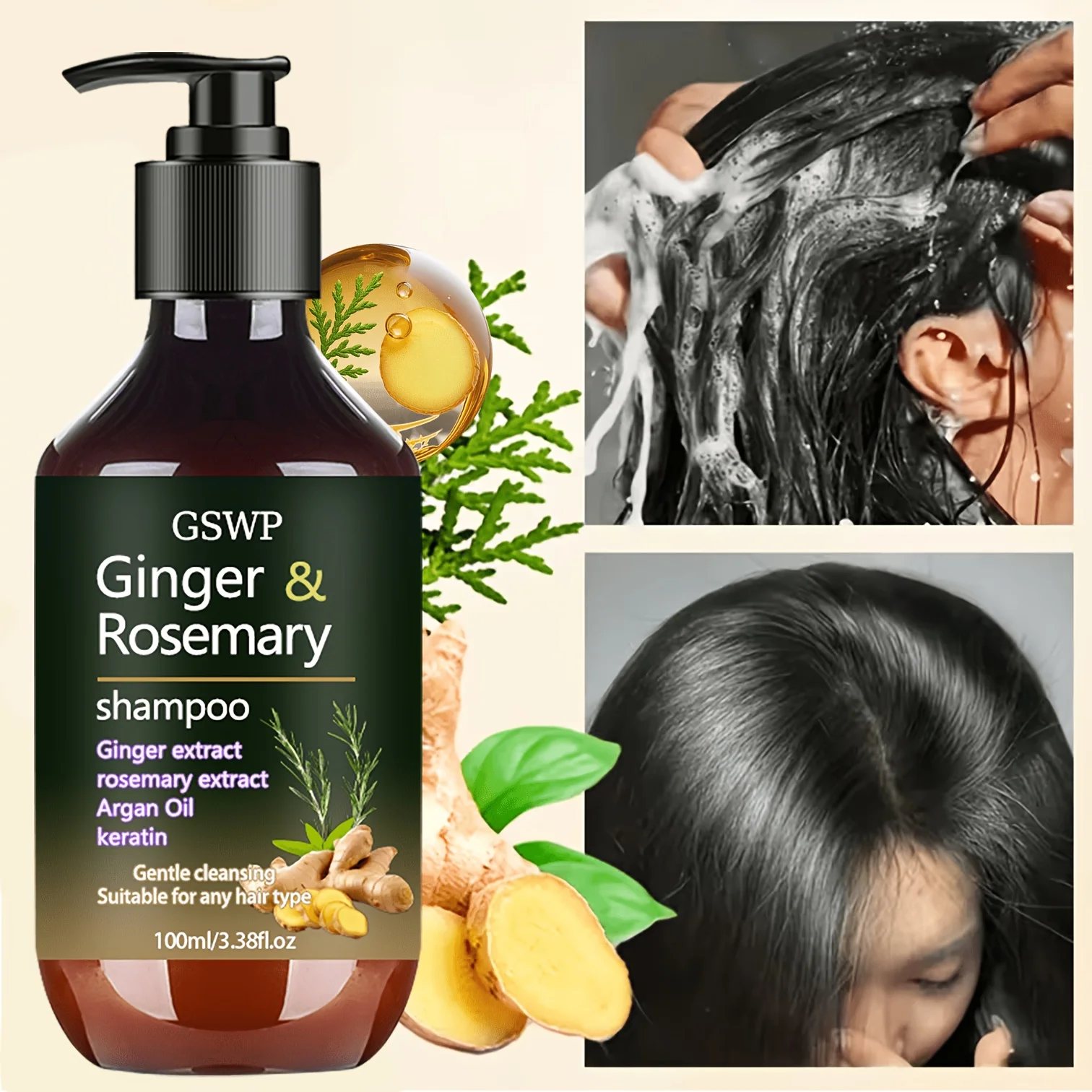 Champú GSWP de jengibre y romero, limpia y fortalece el cabello frágil, antiencrespamiento instantáneo 2 en 1. 100ml/200ml