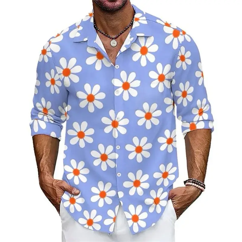 

7-Color Men's Wildflower 3D Printed irt Summer Casual Thiened Fce Lined Special Wide Fit Collar Long Sve irt