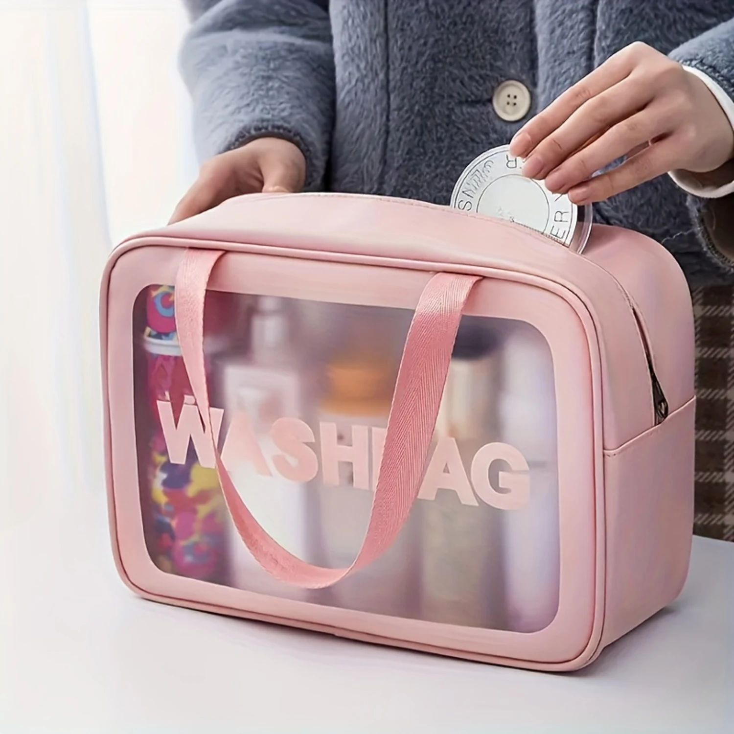 1pc Travel-Ready Cosmetic & Toiletry Bag - Lightweight, Water-Resistant, Frosted PU Design with Easy-View Transparency, Secure  