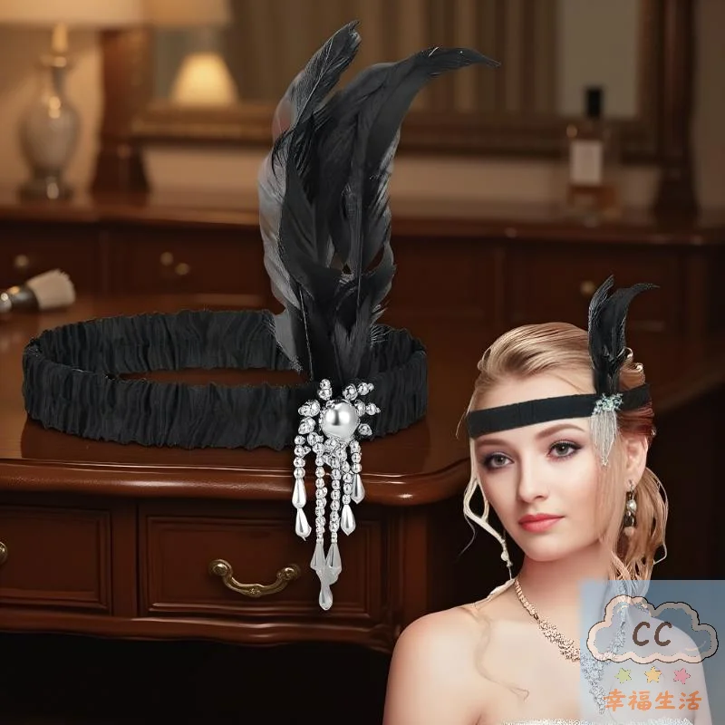 إكسسوار شعر على الطراز العتيق، عصابة رأس للحفلات مطرزة باللون الأسود مستوحاة من عشرينيات القرن العشرين، غطاء رأس آرت ديكو للحفلات والمناسبات ذات الطابع القديم #5