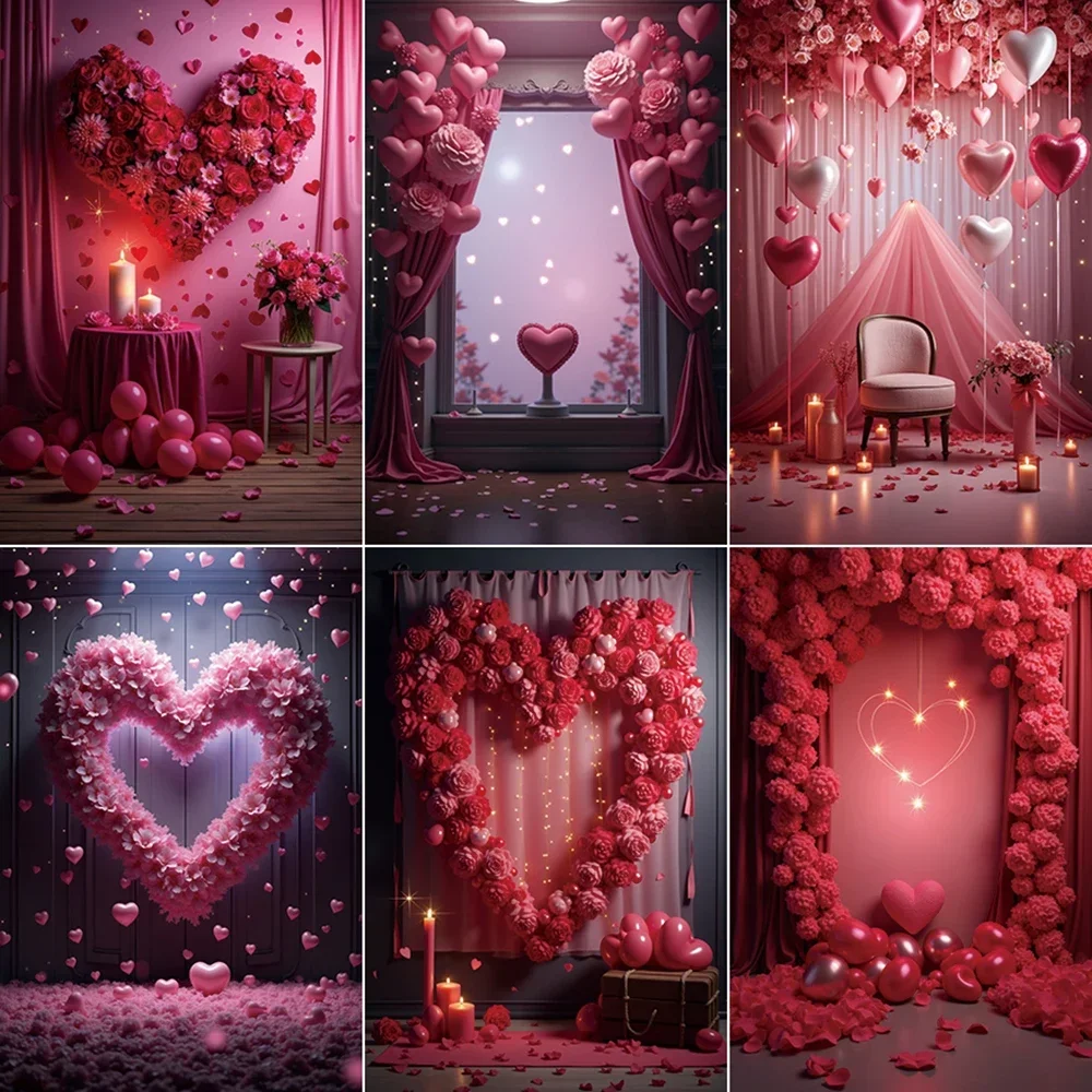 MOON.QG Valentines February 14 Photography Backdrop Curtain Draping Fabric Heart Balloon Photo Background Birthday Decorations