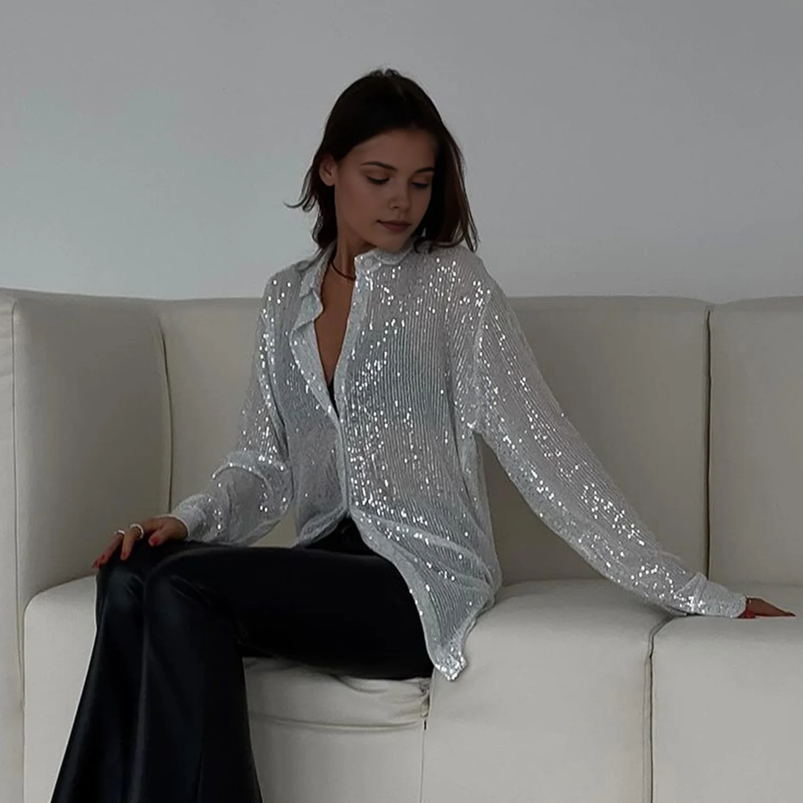 Buttoned Lapel Top Sequined Lapel Shirt Coat for Women Stylish Solid Color Loose Fit Top with Long Sleeves Button Placket Summer