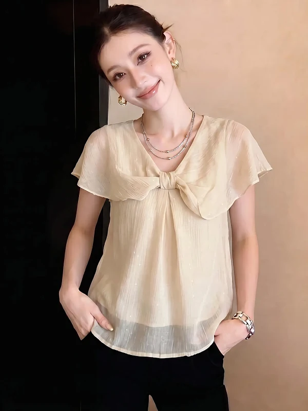 plus Size Women's Shirt Sweet Summer Style Loose Fit Knot V-Neck Short Sleeve Comfortable Breathable Korean Version