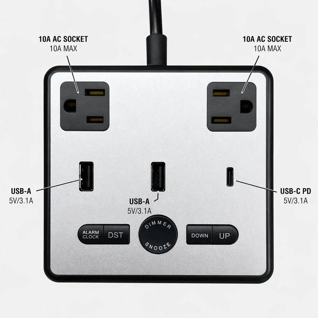 Smart Hotel Bedside Hub: Digital Alarm Clock with Surge Protected AC Outlets, Dual USB-A & PD Type-C Fast Charging Station