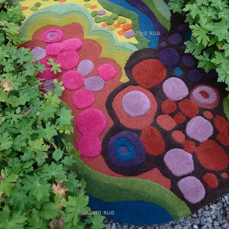 9x12 Ivory Wool 3D Garden Flower Area Rug High Pile with Blue Different Color Carpet Flat Rug
