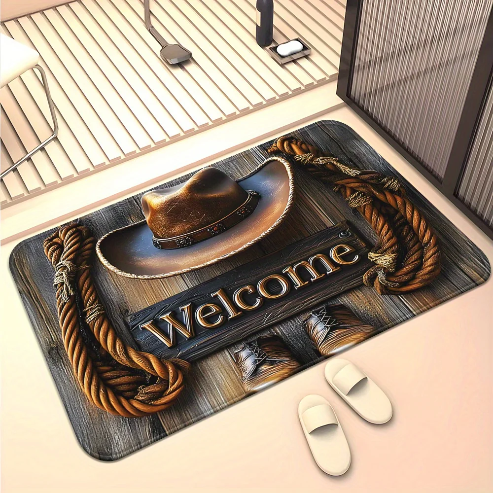 Cowboy Hat Boots Welcome Mat Carpet, Non-Slip Absorbent Microfiber HD Print  for Bathroom Bedroom Living Room Decor