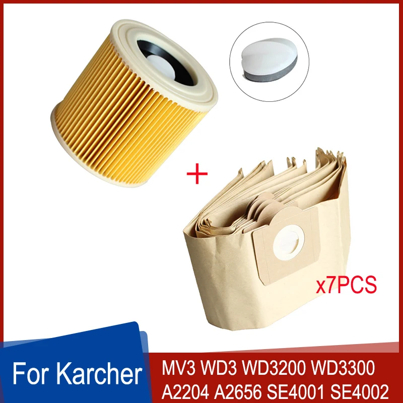 7 мешков для пыли, 1 комплект HEPA-фильтров для Karcher MV3 WD3 WD3200 WD3300 WD3.500P A2204 A2656 SE4001 SE4002, бумажные мешки для пылесоса