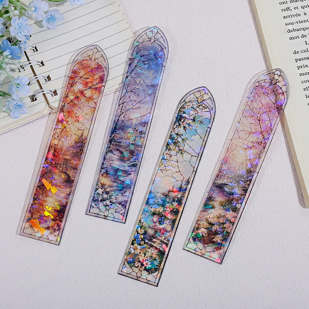 Laser Spring Summer Autumn Winter European and American Landscape Glass Bookmark, Natural Art Bookmark, Aesthetic Page Marker.