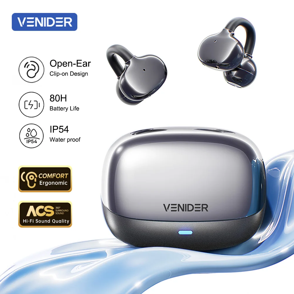 VENIDER S30 Clip-on Earbuds Hi-Fi Bone Conduction Open-Ear Bluetooth Earphones AI Clear Call Bass Boost Headphone for Sports Gym
