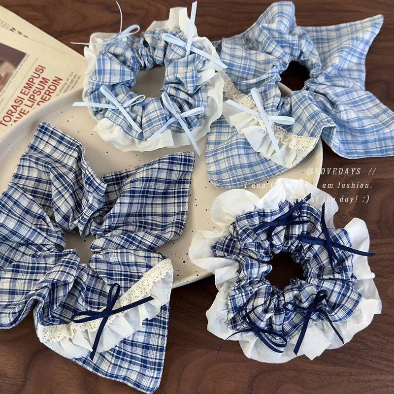 

Sweet Korean Style Blue Plaid Lace Bow Hair Scrunchie Vintage Elegant Ponytail Holder for Women Teen Girl Daily Hair Accessories