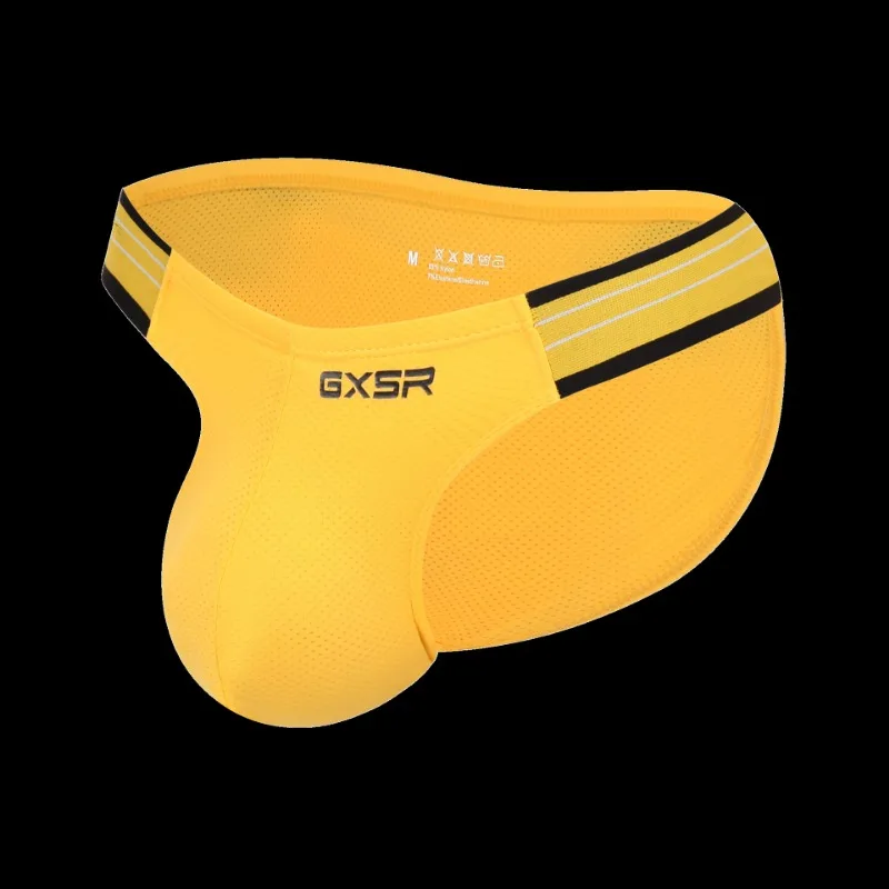 Solid color spliced side waist high fork men's briefs, threaded, ice silk fashionable, low waist sports hip lift men's underwear