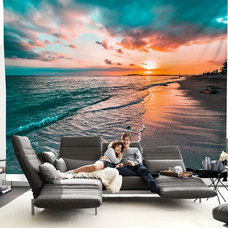 VIKAMA Sunset Beach Gradient Tapestry Orange and Blue Wave Texture Living Room Sofa Wall Beach Resort Style Home Decor