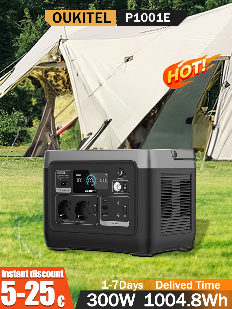 OUKITEL P1001E Tragbare Powerstation 1004,8Wh, 300W Nennleistung 600W Spitzenleistung, Solargenerator-Backup-Batterie für Camping, Wohnmobil, Outdoor-Notfälle