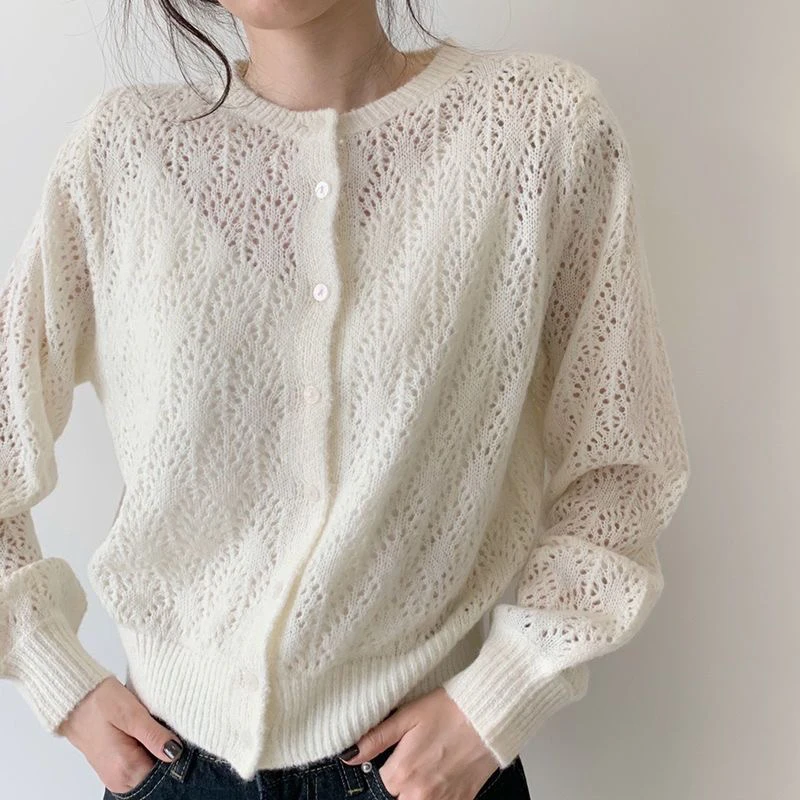Soft Knitted Open Cardigan Thin Hollow out Loose Base Shirt Top Shoulder Wrap Air Conditioning Sweater for Women Polyester Fiber