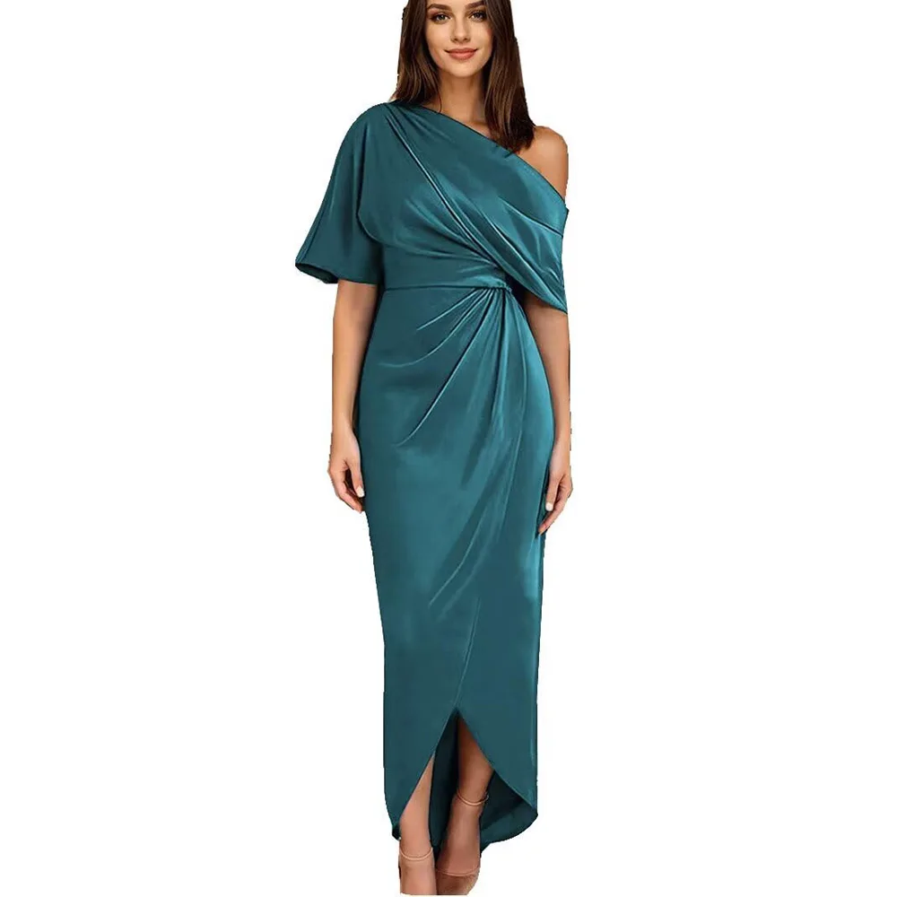 

Customized Elegant Women's One Shoulder Satin Mother of The Bride Dress with Sleeves Tea Length Fromal Evening Dress 2025