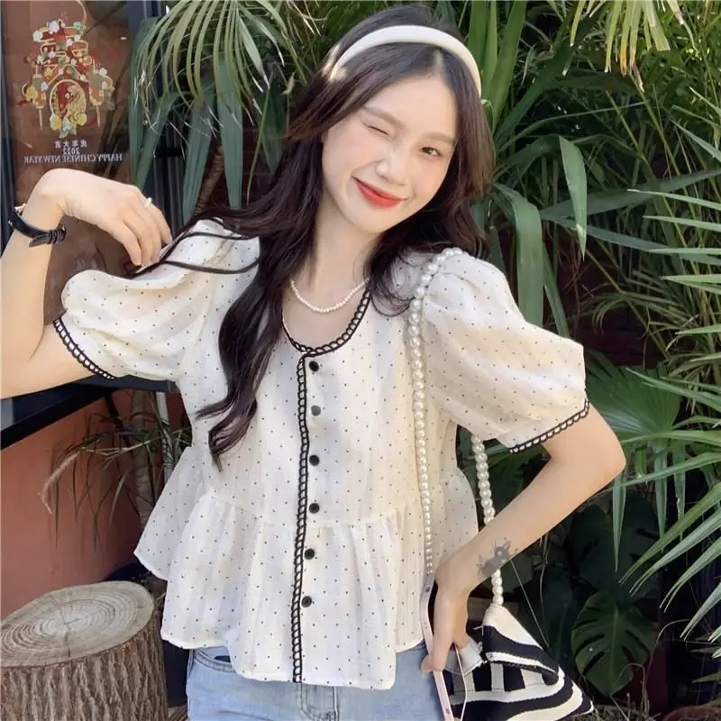 

Little Black Dot Printed Splicing Short Sleeve Shirt for Women Summer Casual Age Reducing Sweet Chic Tops Fashion Women Clothing