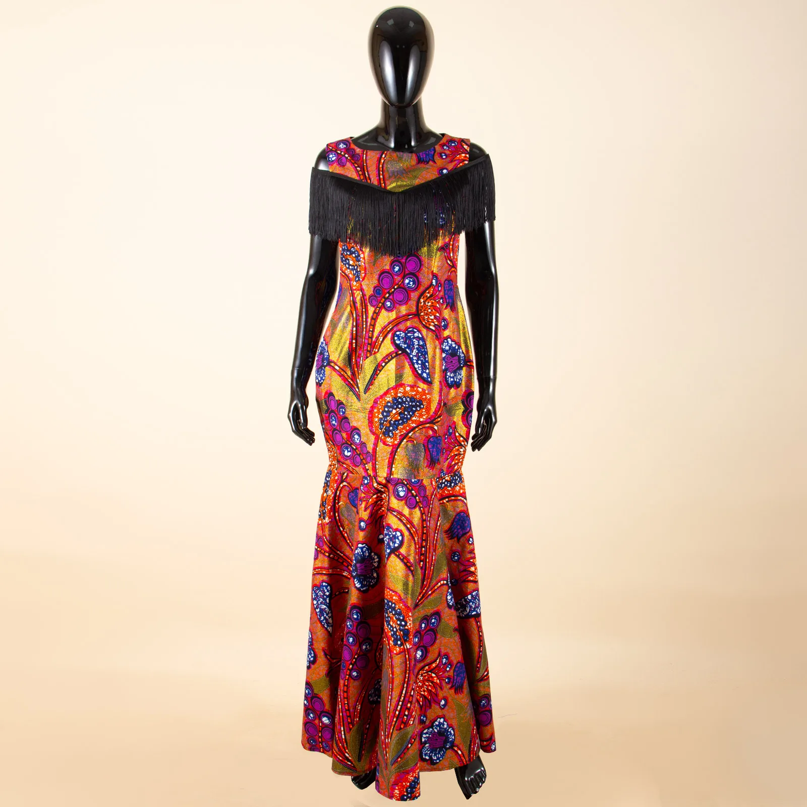 African Dresses for Women Tassel Short Sleeve Off Shoulder High Waist Ankara Print Attire Party Elegant Maxi Dress A2225038