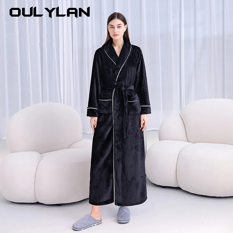 2024 Men's Autumn Winter Thicken Flannel Robes Dress V Neck Warm Bathrobe Men Couple Casual Comfortable Robe Dress for Sleepwear