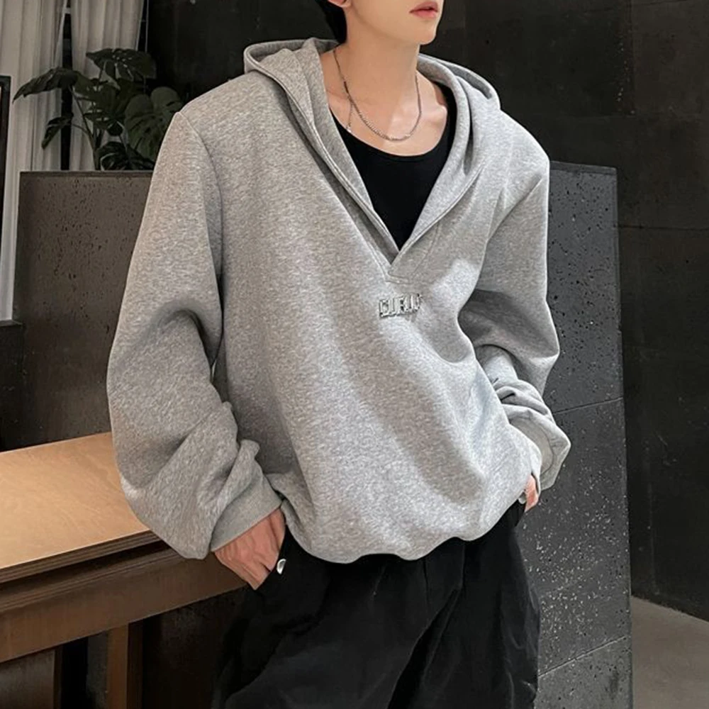 2025 Spring and Autumn Heavy Shoulder Pad V-Neck Hooded Sweatshirt Unisex Korean Fashion Brand High-end Short Y2K Hoodie Men