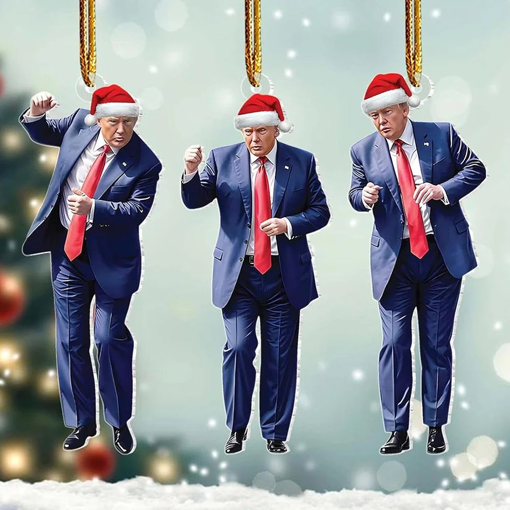 3Pcs Trump Dancing Acrylic Ornament Decorative Xmas Tree Hanging Decorations Car Rearview Mirror Pendant Keychain for Home Party