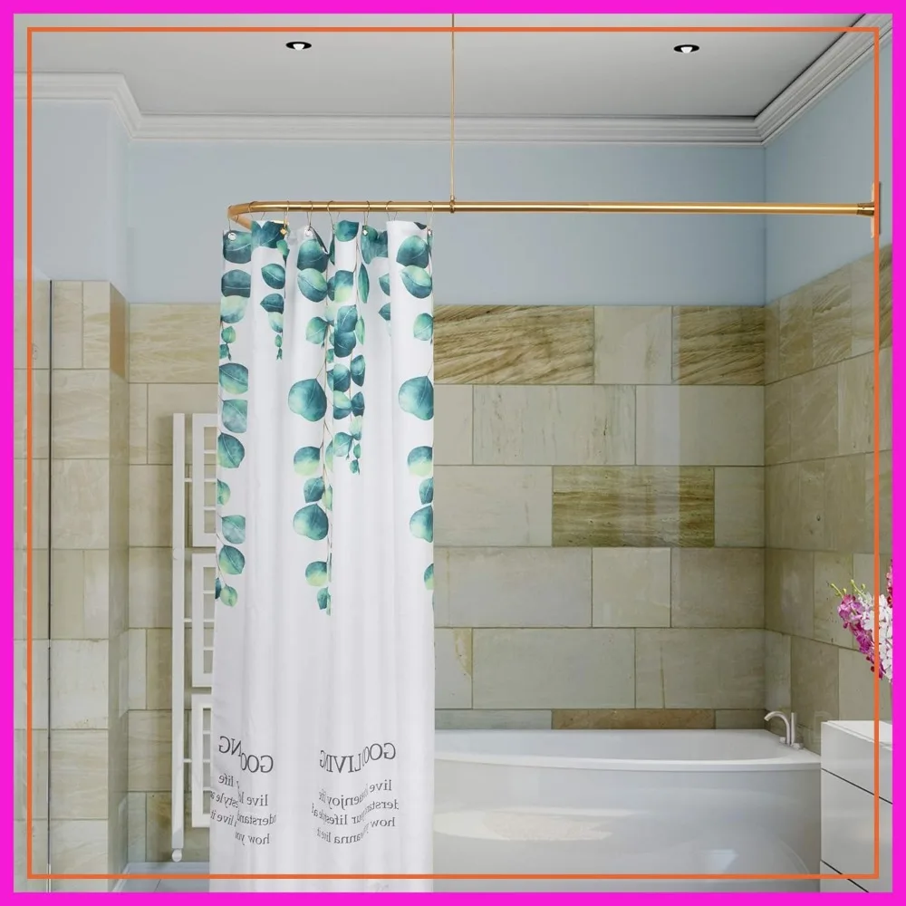 

L Shaped Shower Curtain Rod with Ceiling Support for Corner Bathtub, Satin Gold/Brass