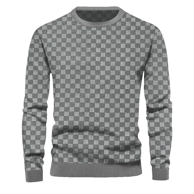 2024 Autumn/Winter New Men\'s Knitwear Heavyweight Jacquard Checkerboard Round Neck Casual Bottom Long sleeved Top