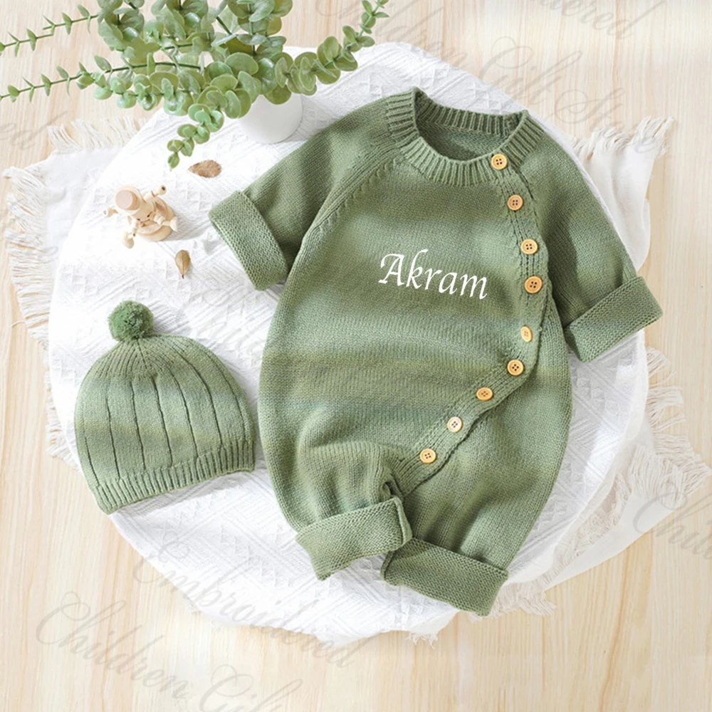 Baby knitted Jumpsuit with Hat Custom Embroidered Name Newborn Boys Girls Birth Gift Sweater Personalized Cute Crawling Suit Set