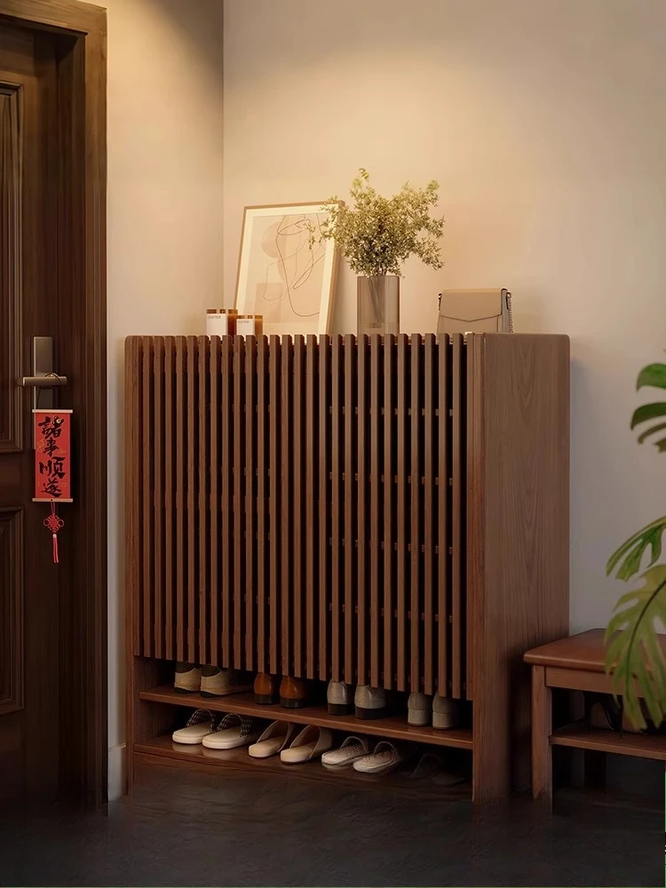 

Solid wood shoe cabinet household door home storage cabinet integrated against the wall indoor walnut