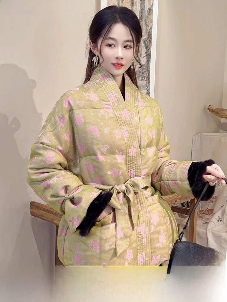 

New Chinese Sle Women's White Goose down Jaet Warm Waist-Cinching Belted ort Coat Winter Outerwear 2025