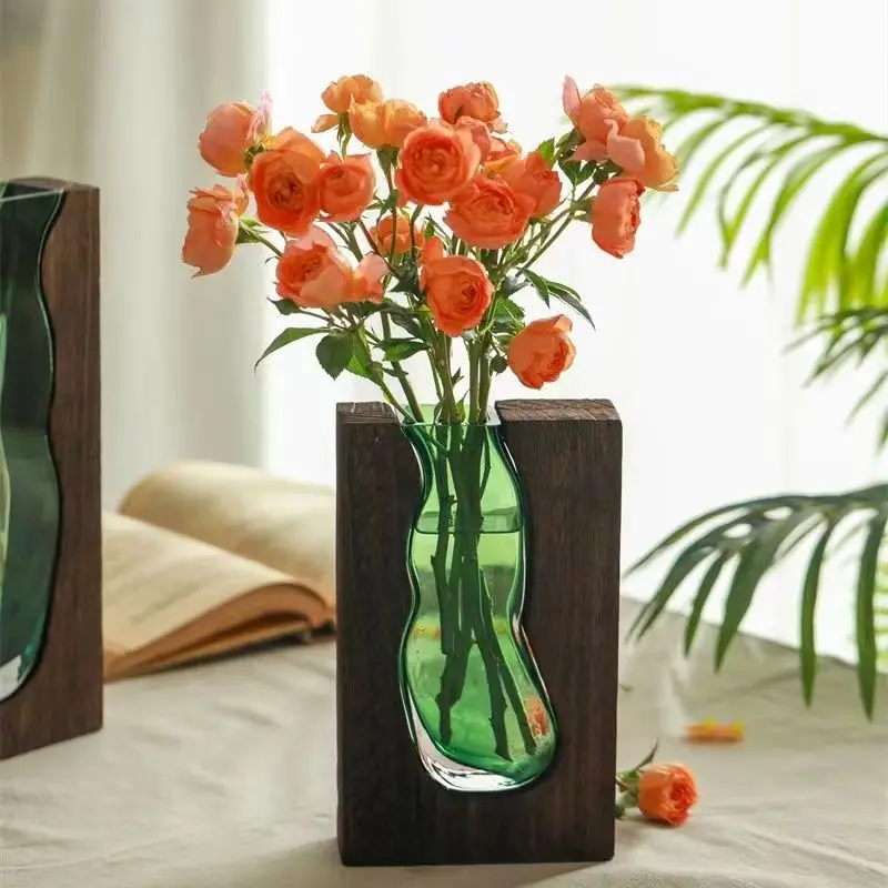 Creative Feng Shui Atmosphere Chinese Wood Glass Vase to Decorate the Home Flower Vase Decorative Floral Arrangement Display