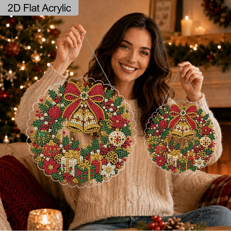 2D Flat Christmas Pearl Diamond Art Kit for Adults, 3D Pearl Diamond Painting Suncatcher Kit, Acrylic Round Lace Edge Ornament