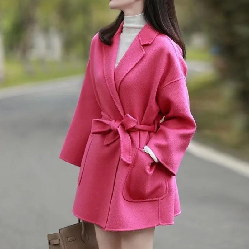 Water ripple double-sided woolen jacket for women, British style, suit collar, tie up, small, loose fitting, sprin/winter