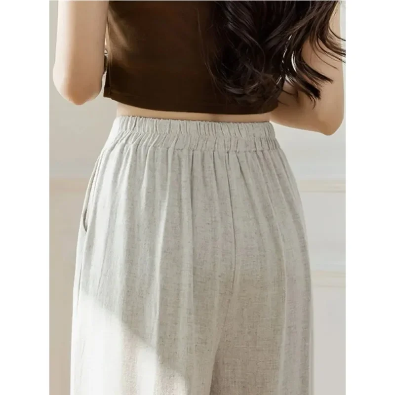 Women 4xl Big Size Trousers Casual Baggy Pantalones Summer New Cotton Linen Hig Waist Wide Leg Pants Mom's Straight Sweatpant