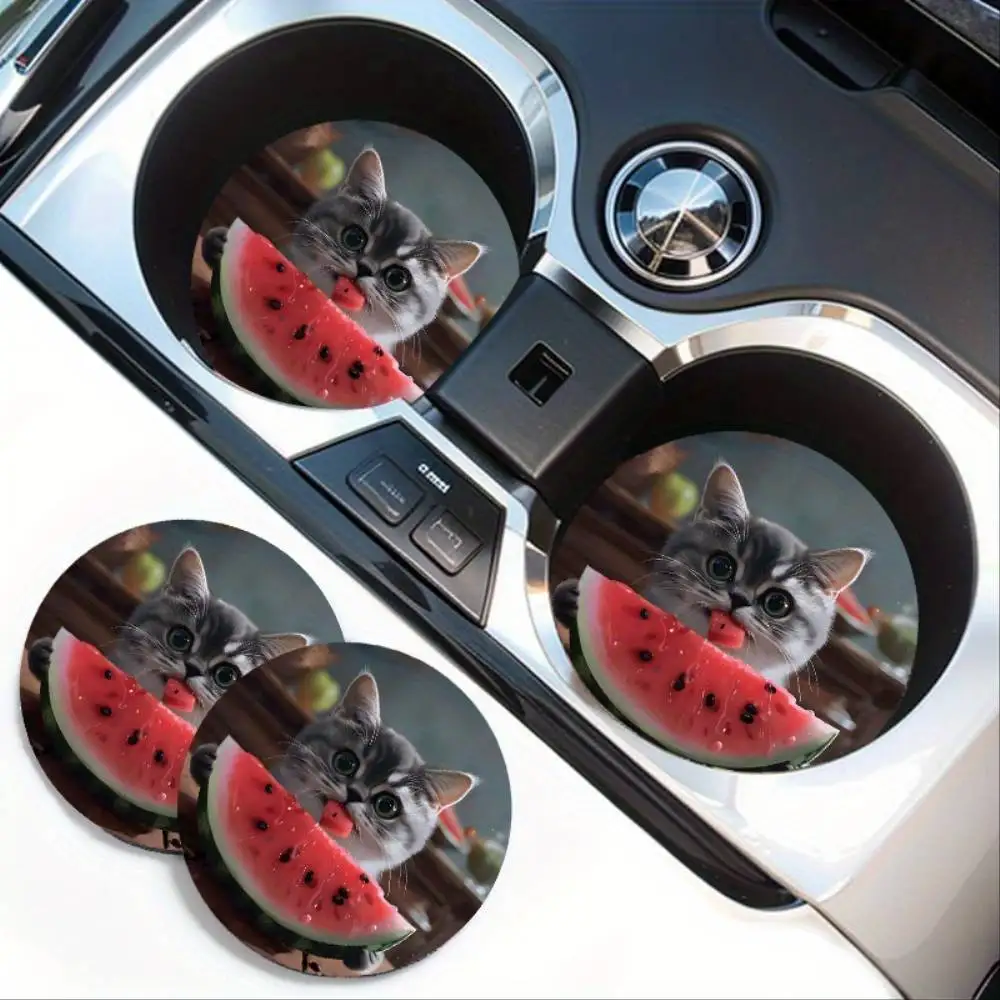 Cute Gray Cat Eating Watermelon Car Cup Holder Coasters 2pcs Non-Slip Rubber Mats Scratch-Resistant Spill-Proof
