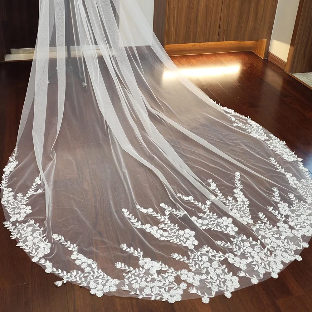 Customized Flower Lace 3m/3.5m/4m Long Bridal Veil with Comb White/Ivory/Creamy Ivory Wedding Veil One Layer Veil Velo de Novia