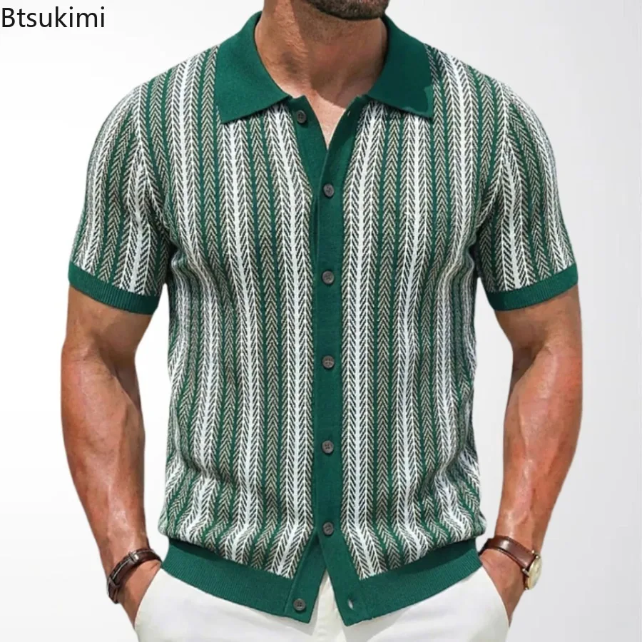New Fashion Men's Hollow Out Polo Shirts Luxury Knitted Pocket Short Sleeve Cardigan Tops Vintage Casual Streetwear 2026 Summer