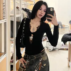 Yedinas Gothic Black Hollow Out Bodysuits Rompers Women Jumpsuits Fashion Solid Lace Long Sleeve Sexy Sheath Skinny Y2k T Shirt