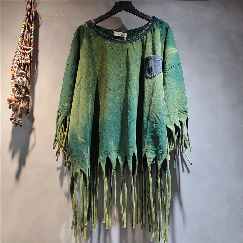 WTHT Trendy Women's Irregular Tassel Do Old Casual Loose T-shirt 2026 Spring Fashion New O-neck Long Sleeves Tops Female 1LS2956