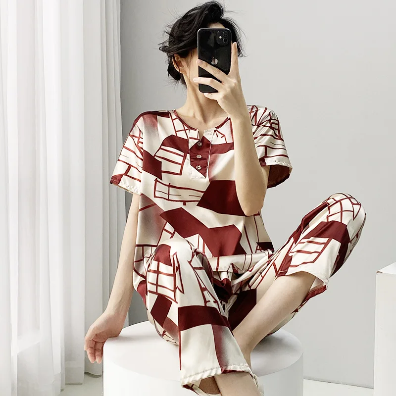 

Модный женский пижамный комплект из двух предметов: шорты и футболка с коротким рукавом из ледяного шелка, летний принтованный домашний костюм для сна